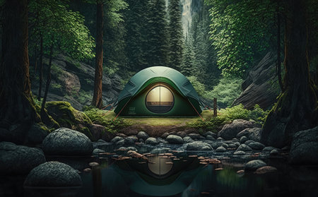 Camping tent in the forest. 3D illustration. Render.の素材