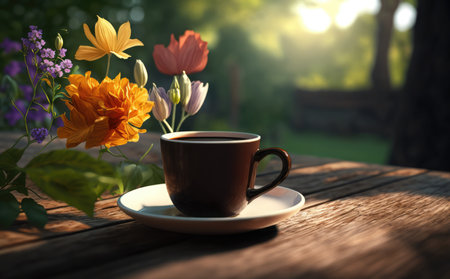Cup of coffee with flowers on a wooden table in the gardenの素材