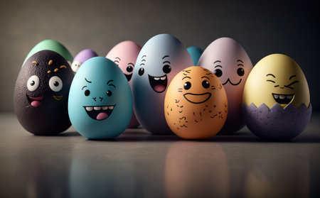 Happy easter eggs with smiley faces. 3D illustration.の素材