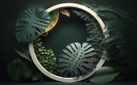 Tropical background with monstera leaves. 3d render illustrationの素材