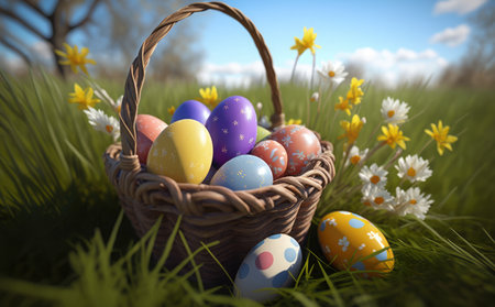 Basket with easter eggs on green grass. 3d renderの素材