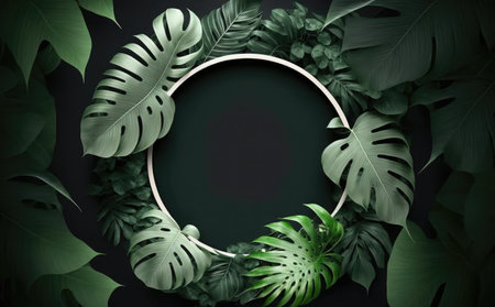 Tropical leaves background with round frame. 3d render illustrationの素材