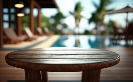 Wood Table Top Background In The Swimming Pool. 3d Renderingの素材