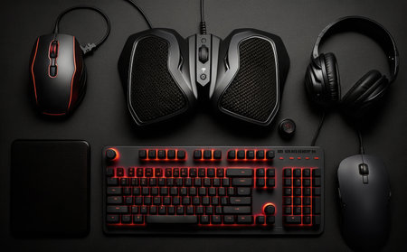 Computer keyboard, mouse and headphones on a black background. Top viewの素材