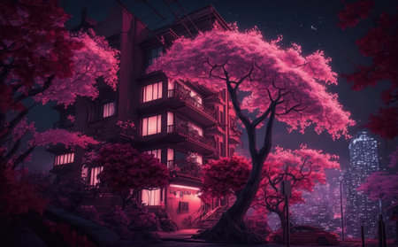 Night view of the Japanese style building with red maple tree in the foregroundの素材