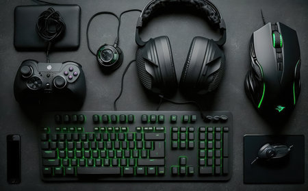 Top view of computer keyboard, mouse, headphones and keyboard on black backgroundの素材