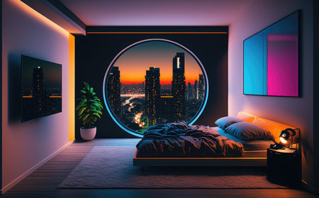 Interior of modern bedroom with night view. 3D Renderingの素材