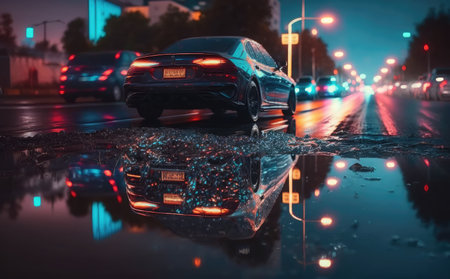 Car on wet road in city at night. Car wash concept.の素材