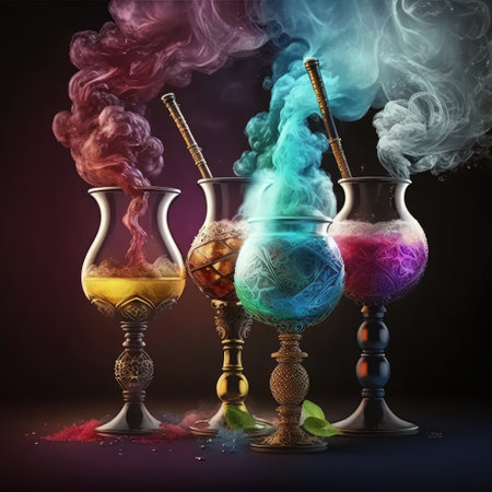 Colorful hookah glasses with smoke and ashtray on dark backgroundの素材