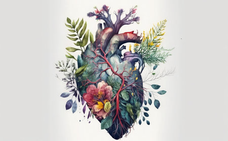 Watercolor illustration of a human heart with flowers, leaves and branchesの素材