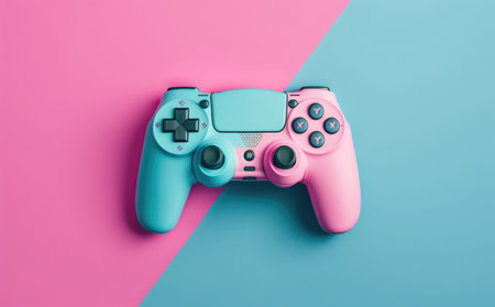 Modern video game controller on blue and pink background. Minimal styleの素材