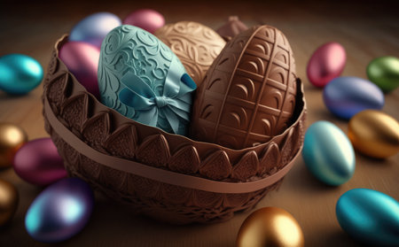 Easter eggs in a basket on wooden background. 3d illustrationの素材