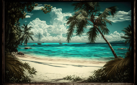 Tropical beach with palm trees and blue sky. Vintage style.の素材
