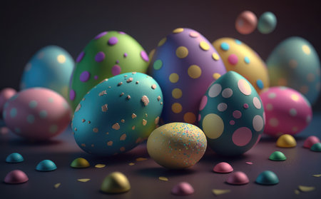 Colorful easter eggs on a dark background. 3d renderingの素材
