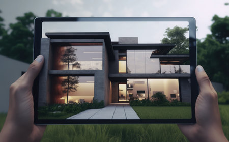 Hands holding digital tablet with modern house on screen. Real estate conceptの素材