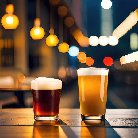 Two glasses of beer with bokeh background, shallow depth of fieldの素材