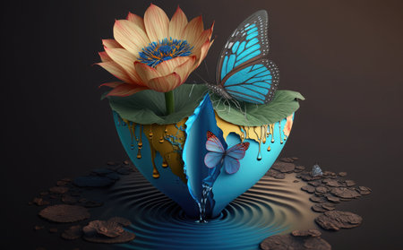 Butterflies on a flower in water. 3d illustration.の素材