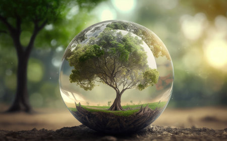 Ecology concept with tree in glass ball on blurred forest background.の素材