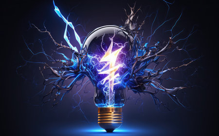 Electric lightbulb with lightning on dark blue background. 3D renderingの素材