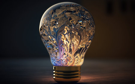 Glowing light bulb with floral pattern inside. 3D rendering.の素材