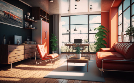 Interior of modern living room with orange walls, wooden floor, red sofa and coffee table. 3d renderingの素材