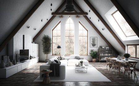 Interior of attic living room with white walls, wooden floor, comfortable sofa, coffee table and window. 3d renderingの素材