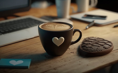 Coffee cup with heart shape and cookie on wooden table.の素材