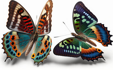 Colorful butterfly isolated on white background with soft shadow. 3D illustration.の素材