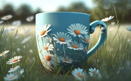 Blue cup with daisies in the grass. 3d illustrationの素材