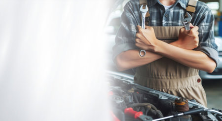 Auto mechanic working in auto repair shop. Car service and maintenance concept.の素材
