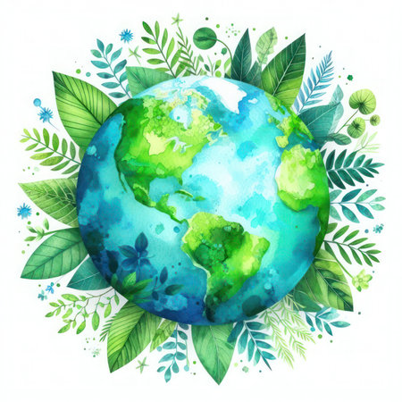 Watercolor Earth planet with green leaves and flowers. Vector illustration.の素材