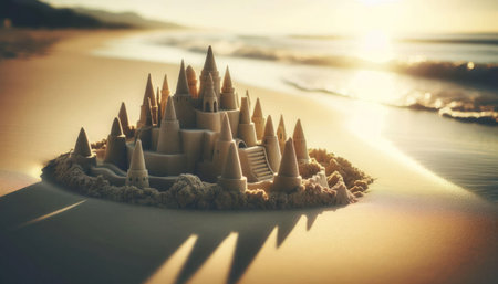 Sand castle on the beach at sunset. 3d render illustration.の素材