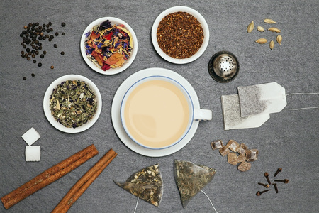 Collecion of several sorts of tea and spicesの写真素材