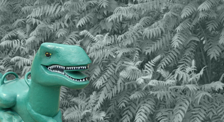 Baby Dino on a background of slightly tinted green ferns. Space for creative textの写真素材