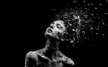 Black and white abstract polygonal image of a woman in the studioの素材