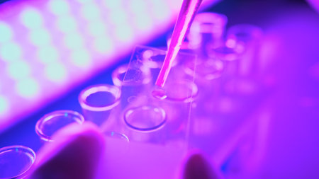 Analyzing Chemicals in Neon Purple Light Using Advanced Laboratory Equipmentの写真素材