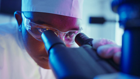 Research Chemist Analyzing Chemical Samples in Neon-Lit Laboratory Environmentの写真素材