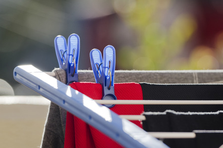 Laundry clips and clothing on a clothes line