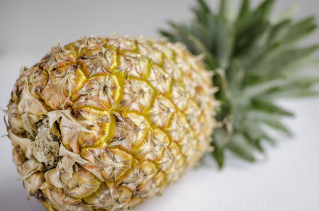 Closeup of a whole pineapple lying on plain background