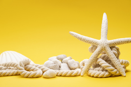 Summer time concept with starfish, shell, stones and rope on a plain yellow backgroundの写真素材