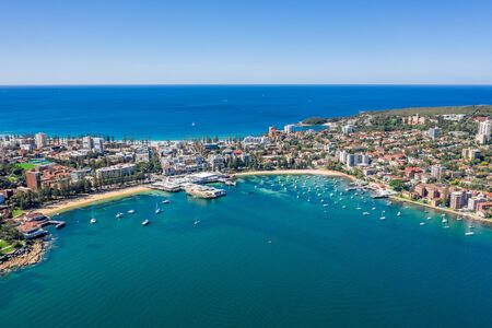 Aerial view on famous Manly Wharf and Manly, Sydney, Australia. View on Sydney harbourside suburb from above. Aerial view on Sydney North Harbour, Manly and Manly Wharf.の写真素材