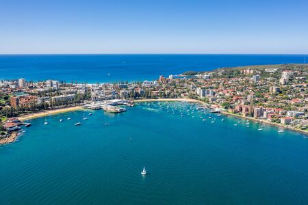 Aerial view on famous Manly Wharf and Manly, Sydney, Australia. View on Sydney harbourside suburb from above. Aerial view on Sydney North Harbour, Manly and Manly Wharf.の写真素材