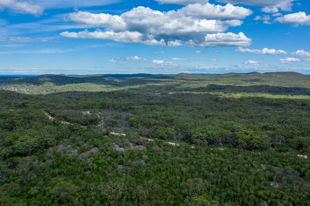 Aerial view of hills and forest at Ku-ring-gai Chase National Park, New South Wales, Australiaの写真素材