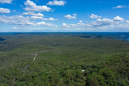 Aerial view of hills and forest at Ku-ring-gai Chase National Park, New South Wales, Australiaの写真素材