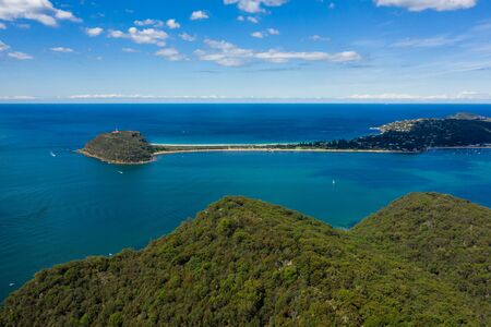 Aerial view of Barrenjoey Lighthouse, Barrenjoey Head, Palm Beach and Pittwater, from West Head, Sydney, Australiaの写真素材