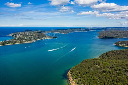Aerial view of Barrenjoey Head, Palm Beach and Pittwater, from West Head, Sydney, Australiaの写真素材