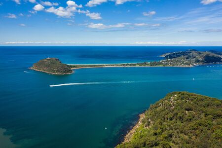 Aerial view of Barrenjoey Lighthouse, Barrenjoey Head, Palm Beach and Pittwater, from West Head, Sydney, Australiaの写真素材