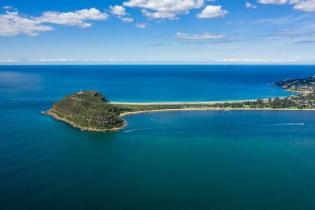 Aerial view of Barrenjoey Lighthouse, Barrenjoey Head, Palm Beach and Pittwater, from West Head, Sydney, Australiaの写真素材