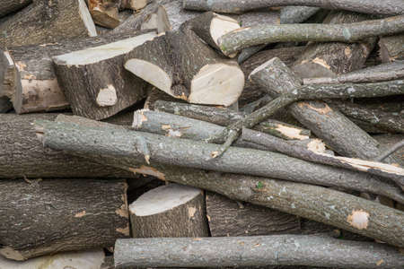 Close up of a pile of wood logs, chopped into smaller pieces, timber logs.の写真素材
