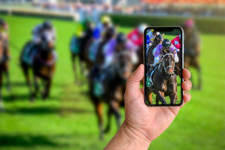 Man taking photo of horse racing with mobile phone with blurred background, closeup of hand. Space for textの写真素材